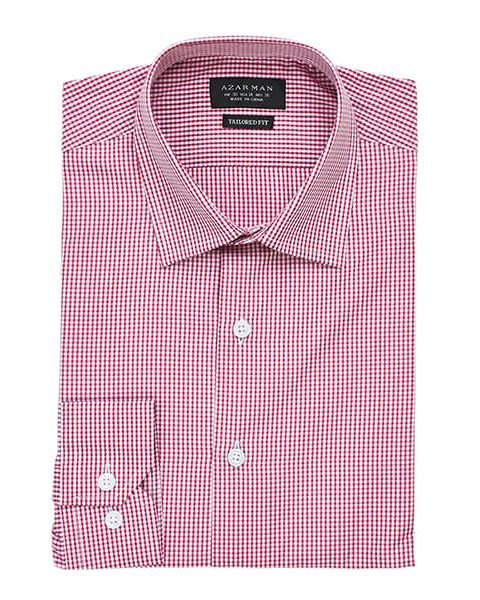 New Mens Dress Shirt Plaid Red Tailored Slim Fit Wrinkle Free Cotton By Azar Man
