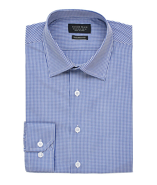 New Mens Dress Shirt Plaid Blue Tailored Slim Fit Wrinkle Free Cotton By Azar Man