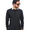 New Mens Dress Shirt Black / White Collar Tailored Slim Fit Wrinkle Free By Azar Man