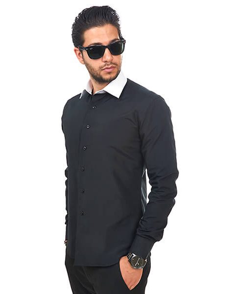 New Mens Dress Shirt Black / White Collar Tailored Slim Fit Wrinkle Free By Azar Man