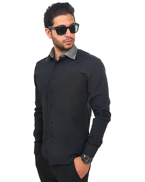 New Mens Dress Shirt Black / Grey Collar Tailored Slim Fit Wrinkle Free By Azar Man