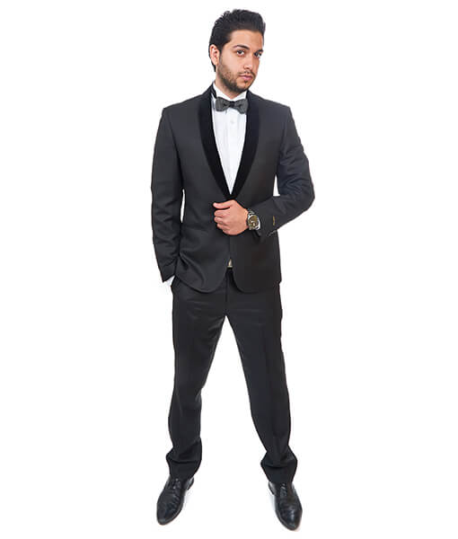 Slim Fit 1 Button Shawl Velvet Collar Black Suit