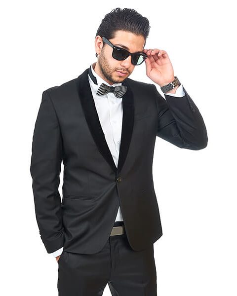 Slim Fit Men Tuxedo / Fashion Suit 1 Button Shawl Velvet Lapel Black By Azar Man