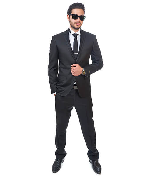 Slim Fit Men Suit 2 Button Notch Lapel Black Semi Shiny Flat Front Pants By AZAR 