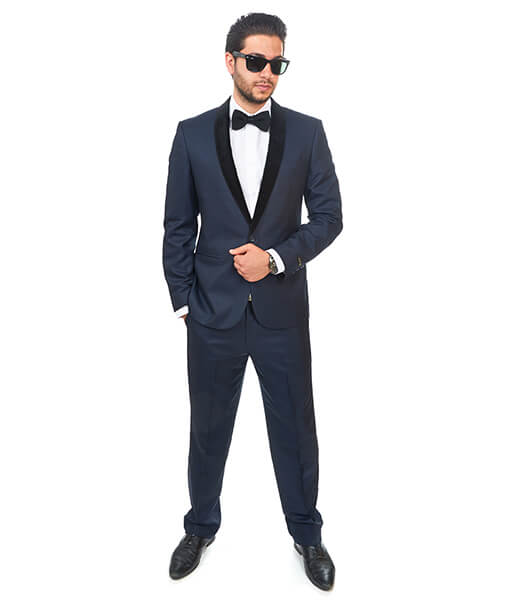 Slim Fit 1 Button Shawl Velvet Lapel Navy Blue Suit