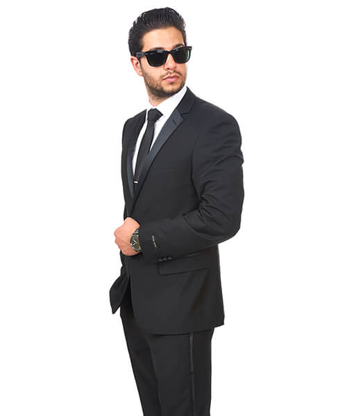 Slim Fit Men Suit Tuxedo Black 2 Button Satin Collar Flat Front Pants By Azar Man