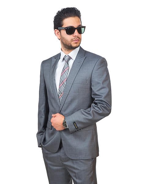 Slim Fit Men 1 Button Peak Lapel Textured Grey Suit Flat Front Pant By Azar Man