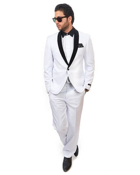 Slim Fit Men Suit / Tuxedo White 1 Button Shawl Velvet Lapel White By Azar Man