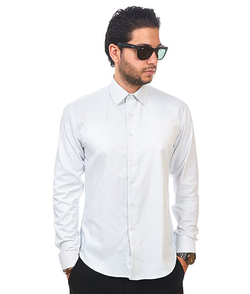 Slim Tailored Fit Mens White Narrow Stripe Dress Shirt Wrinkle-Free By AZAR 