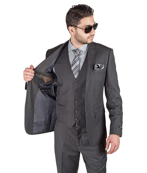 Slim Fit Men Suit 3 Piece Vested Solid Dark Grey Notch Lapel Double Vents AZAR 