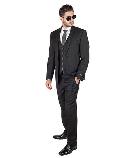 Slim Fit Mens 3 Piece Vested Solid Black Suit - ÃZARMAN