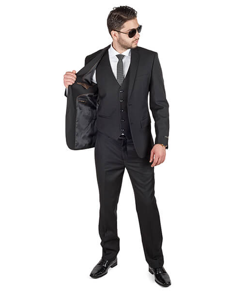 Slim Fit Mens 3 Piece Vested Solid Black Suit