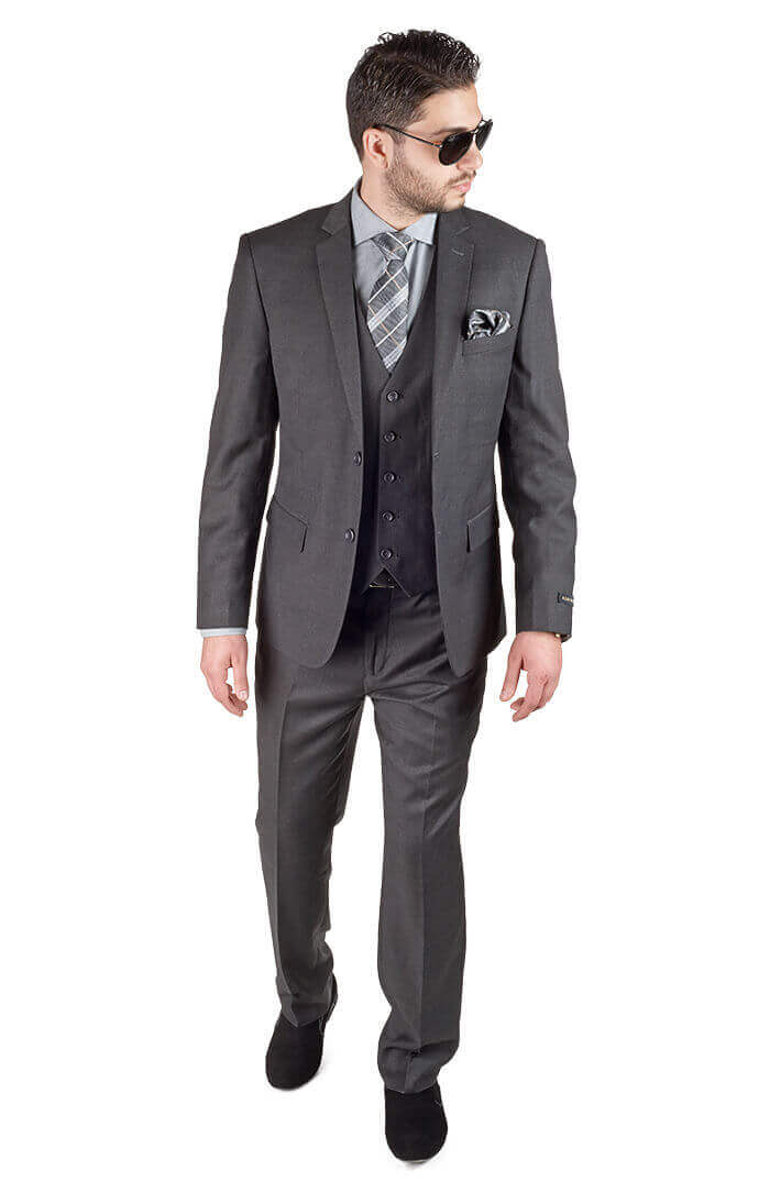 Slim Fit Men 3 Piece Vested Solid Charcoal Grey Suit