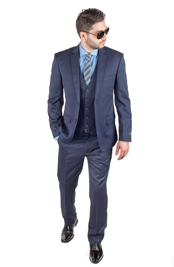Mens Navy Blue Cream Stitch Tailored Fit 3 Piece Suit Smart Formal 