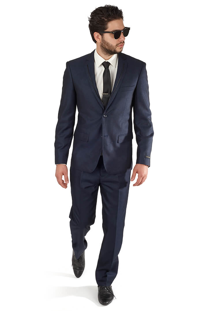 Slim Fit Men 2 Button Trim Collar Navy Blue Suit / Tuxedo - ÃZARMAN