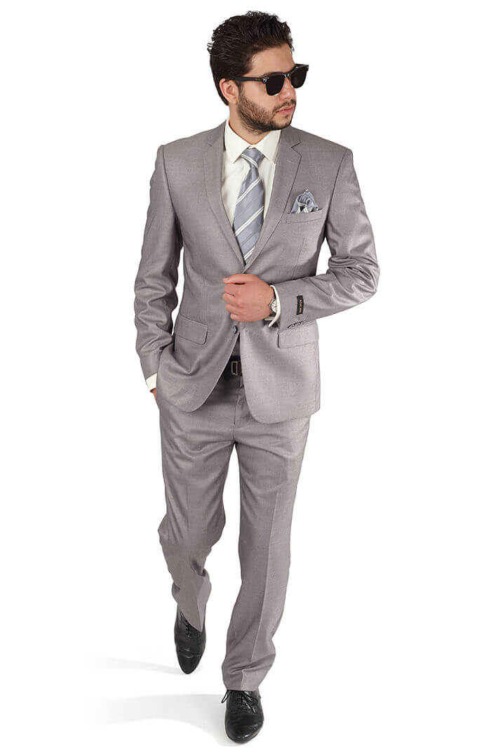 Slim Fit Mens Solid Silver 2 Button Suit - ÃZARMAN