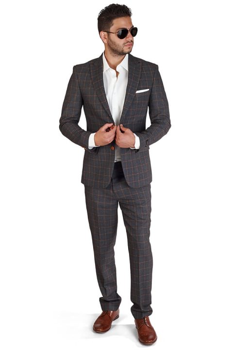 Slim Fit 2 Button Grey Windowpane Peak Lapel Suit