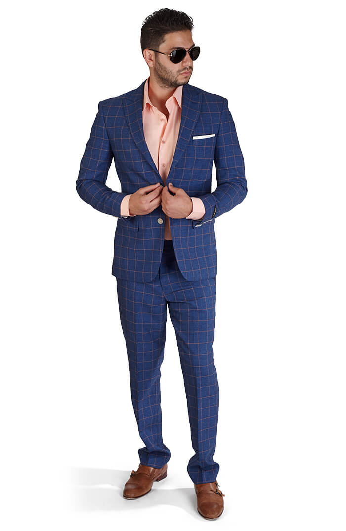 Slim Fit 2 Button Indigo Blue Windowpane Peak Lapel Suit - ÃZARMAN