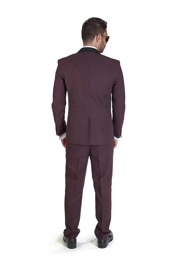 Slim Fit Men Suit Burgundy One Button Shawl Suede Flat Front Pants By Azar 