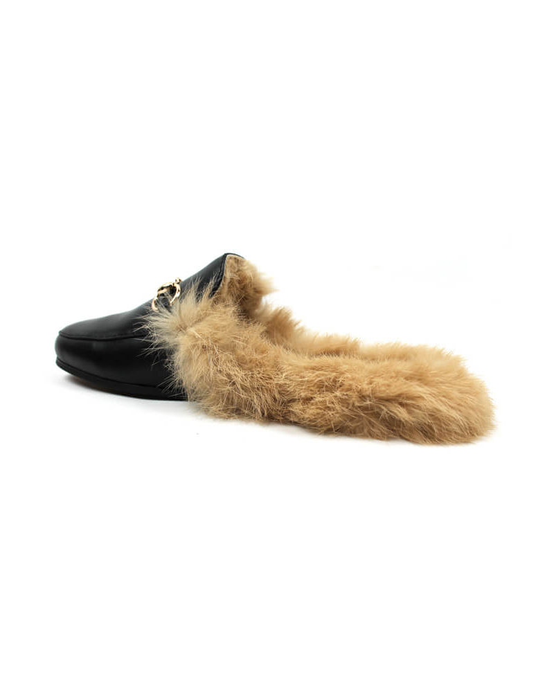 Alternative view of Real Leather Black Backless Slip On Fur Gold Buckle Loafer