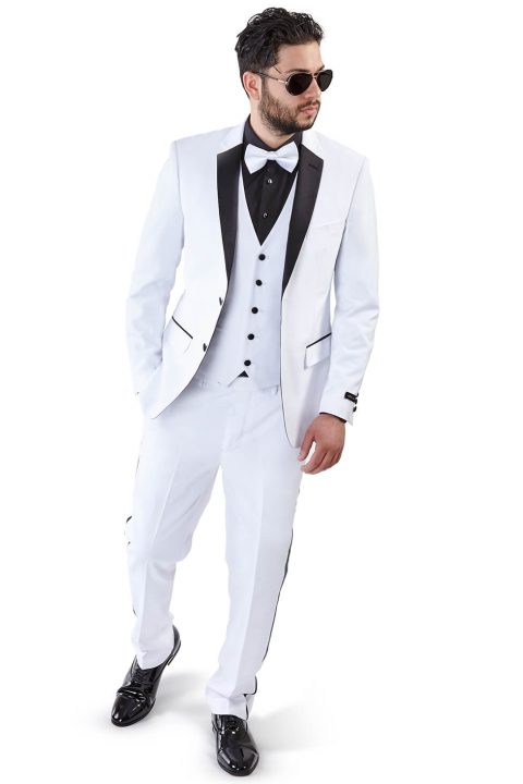 Slim Fit 2 Button 3 Piece Vested White Tuxedo