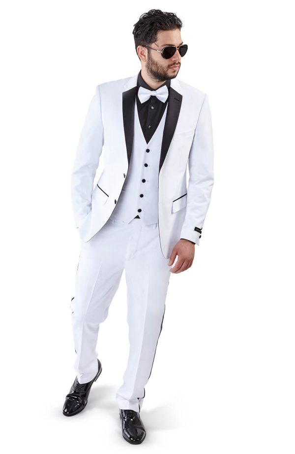 Slim Fit 2 Button 3 Piece Vested White Tuxedo