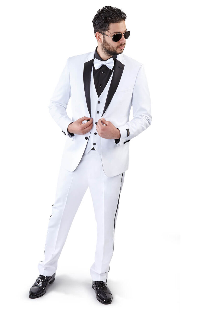 Slim Fit 2 Button 3 Piece Vested White Tuxedo - ÃZARMAN