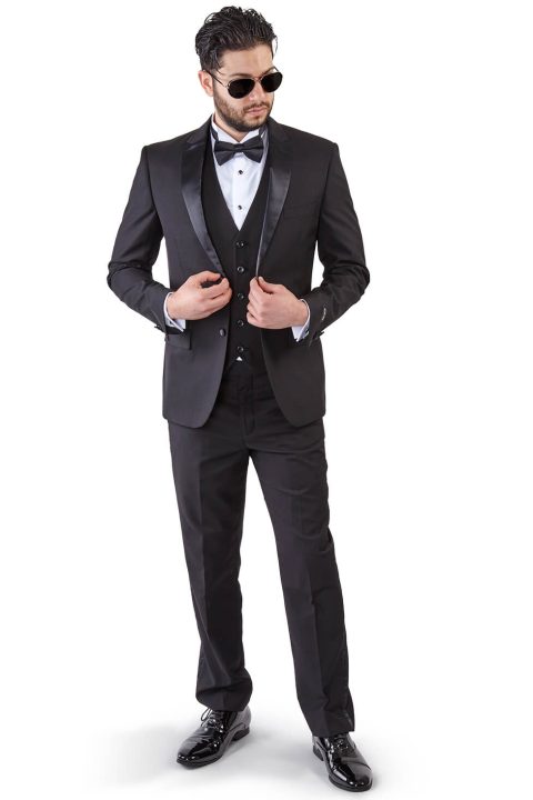 AZAR MAN Slim Fit Men Suit Tuxedo Black 2 Button Satin Collar Flat Front Pants 