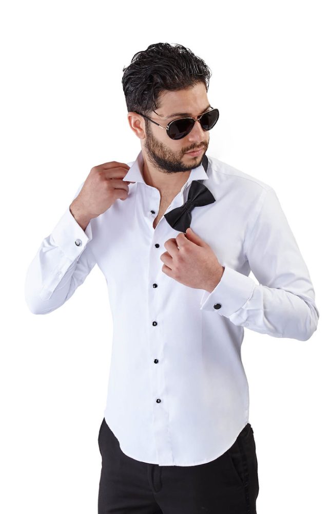 Slim Fit White Wing Tip French Cuff Tuxedo Shirt - ÃZARMAN