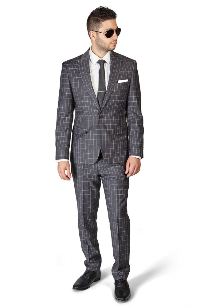 Slim Fit 1 Button Grey Peak Lapel Plaid Windowpane Suit 1696 - ÃZARMAN