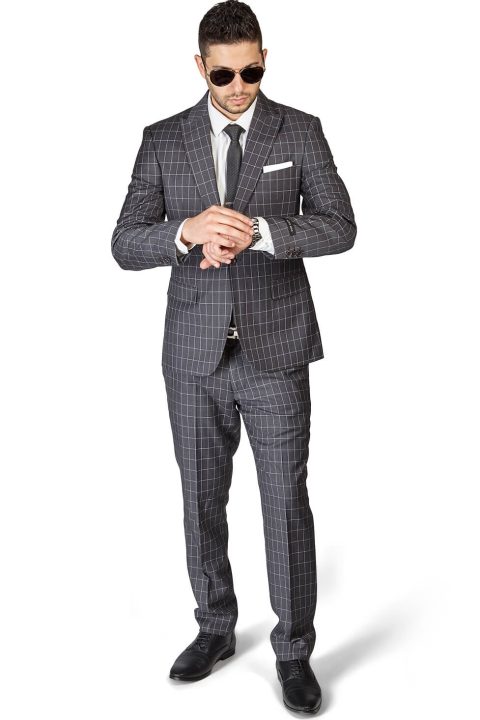 Slim Fit 1 Button Grey Peak Lapel Plaid Windowpane Suit