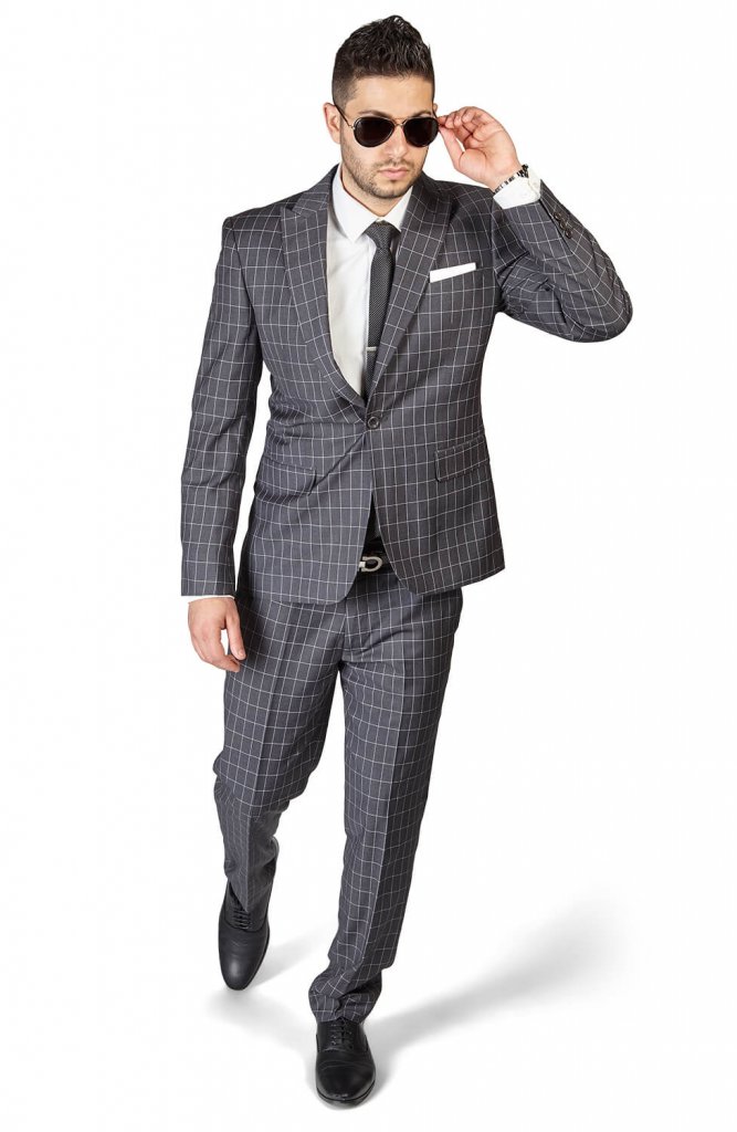 Slim Fit 1 Button Grey Peak Lapel Plaid Windowpane Suit 1696 – ÃZARMAN