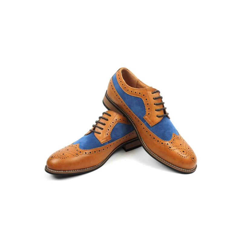 brown and blue wingtip shoes