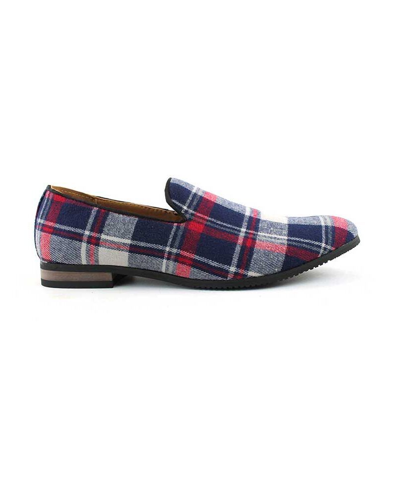 Blue White Red Plaid Slip On Textile Loafers