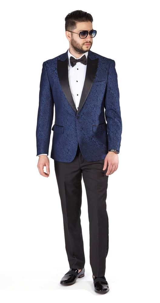 Slim Fit 1 Button Blue Satin Collar Paisley Jacket Black Pants 1778 ...