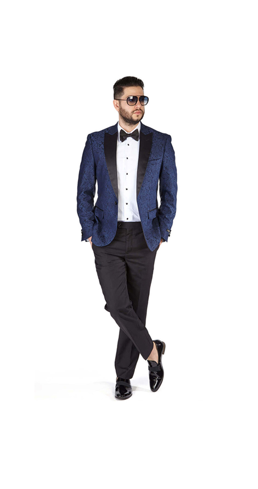 blue dress pants with black jacket