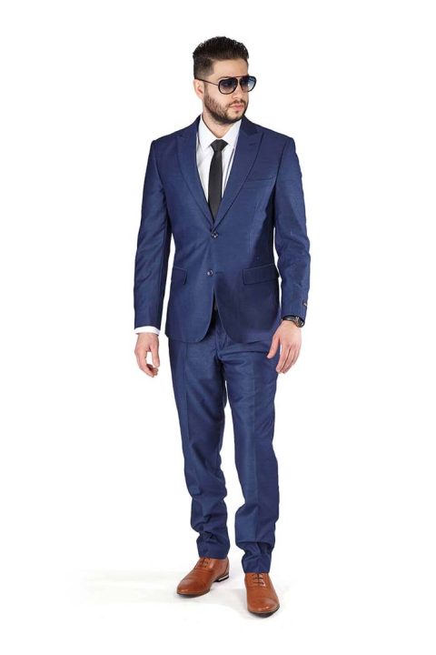 Slim Fit Men Suit 2 Button Textured Weave Deep Ink Blue Peak Lapel By Azar 1692 