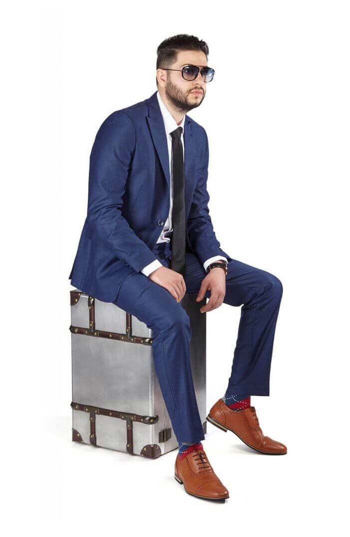 Azure Blue Slim Fit Peak Lapel Suit for Men by