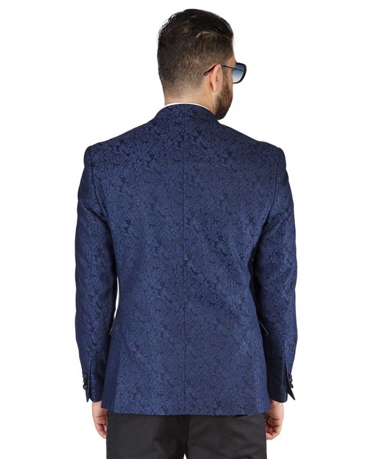 Slim Fit 1 Button Navy Blue Paisley Dinner Jacket Peak Satin Lapel