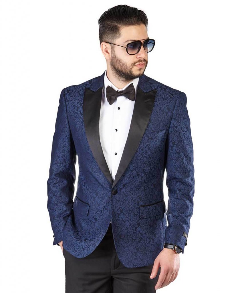 Slim Fit 1 Button Navy Blue Paisley Dinner Jacket Peak Satin Lapel ...