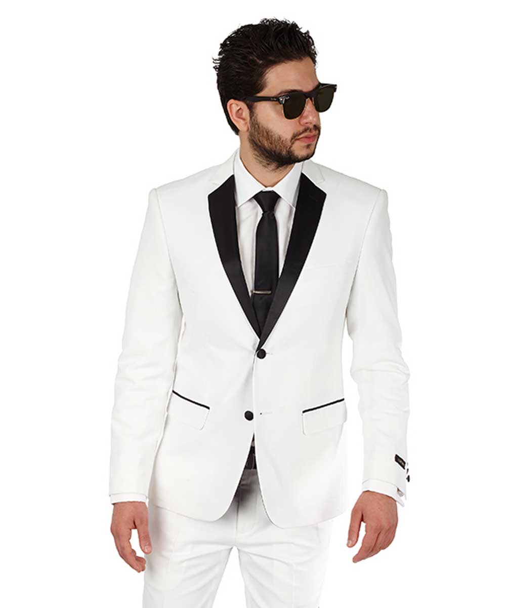 Slim Fit Men Suit White Tuxedo 2 Button Black Satin Collar 3 Piece Vested  AZAR