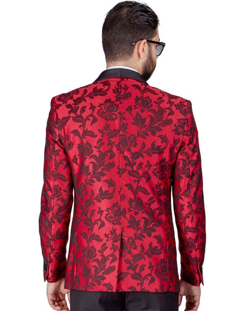 Alternative view of Slim Fit 1 Button Red Shawl Satin Collar Floral Jacket Black Pants 1714