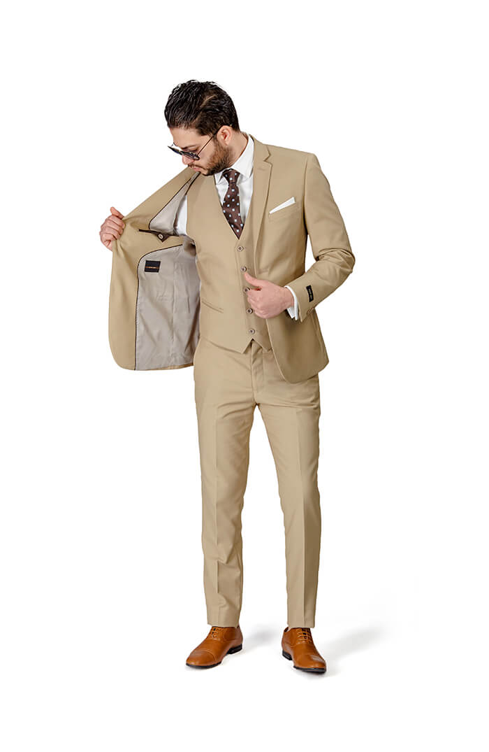 Tan Beige Slim Fit Men Suit 2 Button Notch Lapel Azar Man Vest Optional 4030-10 