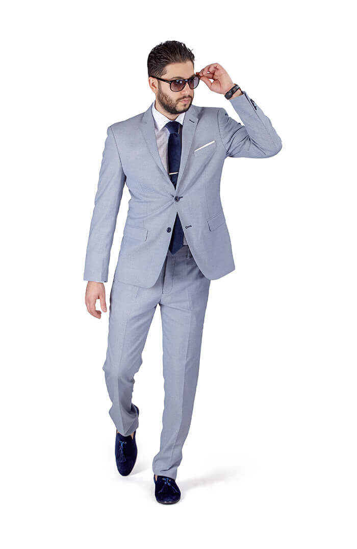 Slim Fit Stone Silver Blue Micro Textured Weave 2 Button Suit 11812 Vest  Optional - ÃZARMAN