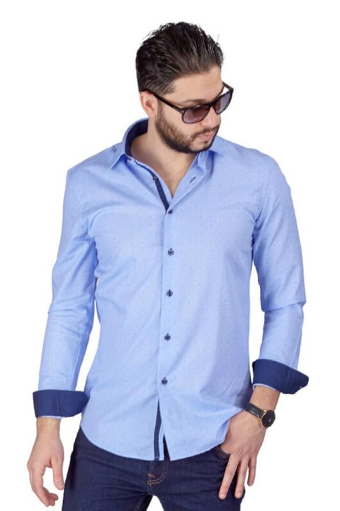 Blue Bow Tie Print Contrast Details Slim Fit Shirt-1