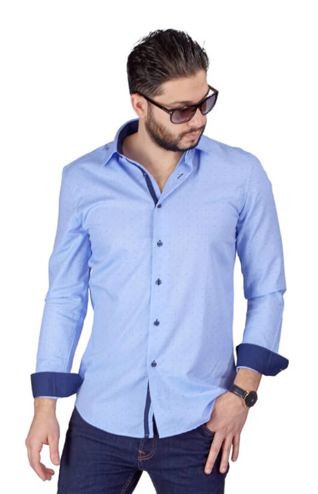 Blue Bow Tie Print Contrast Details Slim Fit Shirt - ÃZARMAN