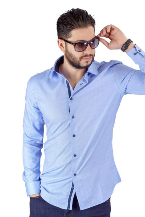 Blue Bow Tie Print Contrast Details Slim Fit Shirt-2