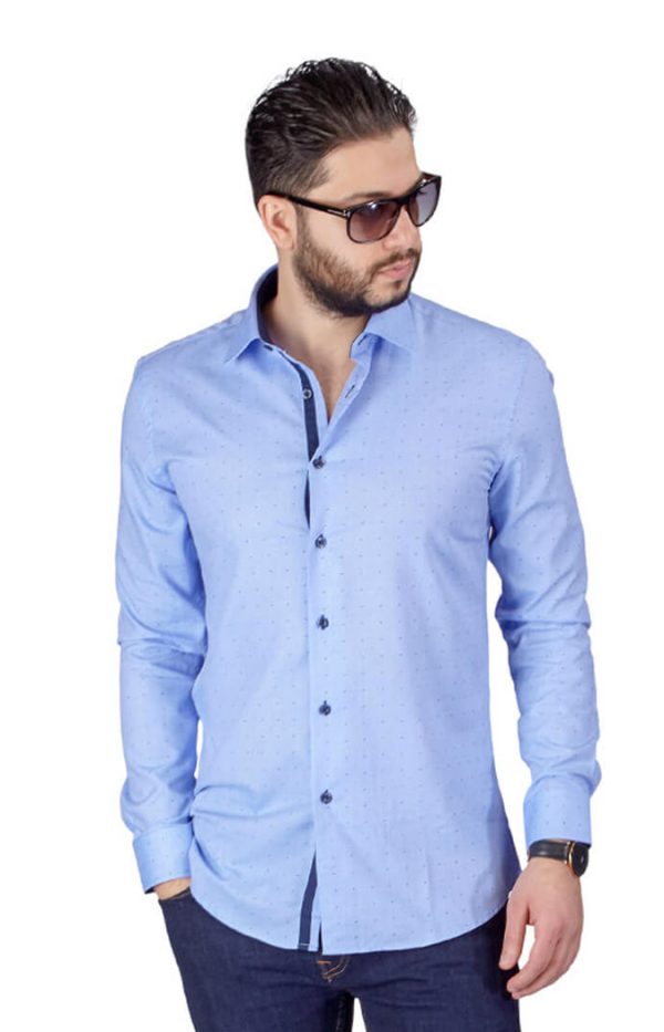Blue Bow Tie Print Contrast Details Slim Fit Shirt-3