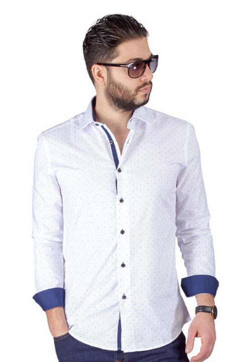 White Bow Tie Print Contrast Details Slim Fit Shirt