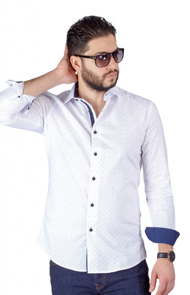 White Bow Tie Print Contrast Details Slim Fit Shirt ÃZARMAN